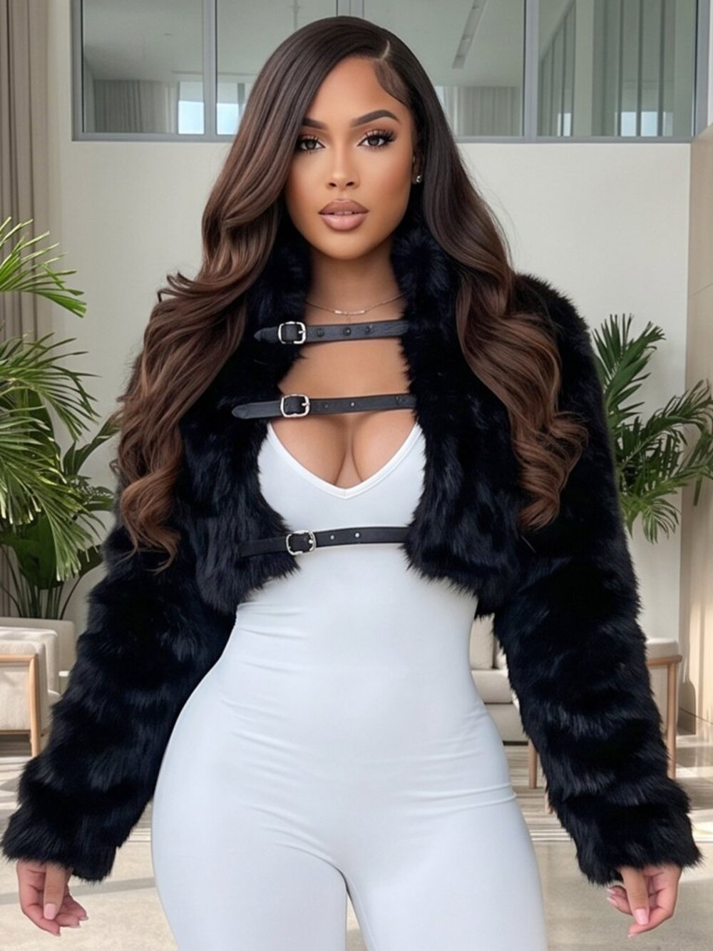 High Neck Soft Puffy Fur Crop Jacket With Triple Belts